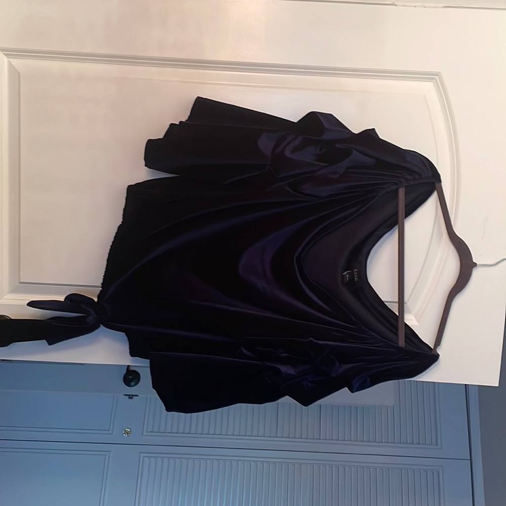 Royal blue velvet off the shoulder puffy sleeve blouse